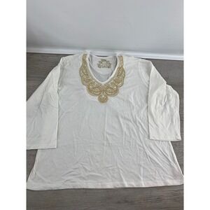 Oleg Cassini Sport Womens XL White Cotton Gold Embroidered V-Neck Top L -Sleeve